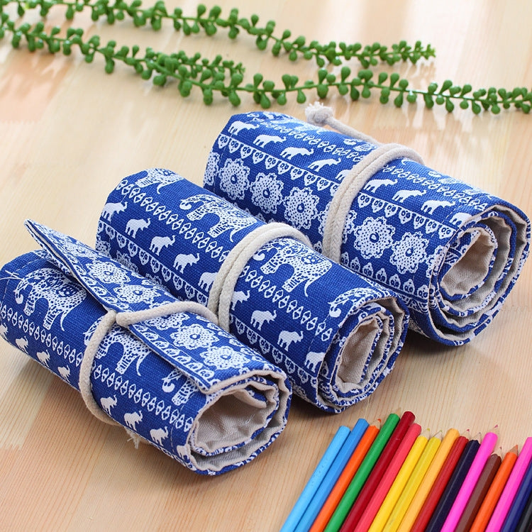ELECTROPRIME 48 Slots Ethnic Elephant Print Pen Bag Canvas Pencil Wrap Curtain Roll Up Pencil Case Stationery Pouch
