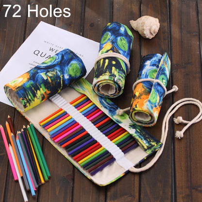 ELECTROPRIME 72 Slots Van Gogh Oil Painting Print Pen Bag Canvas Pencil Wrap Curtain Roll Up Pencil Case Stationery Pouch