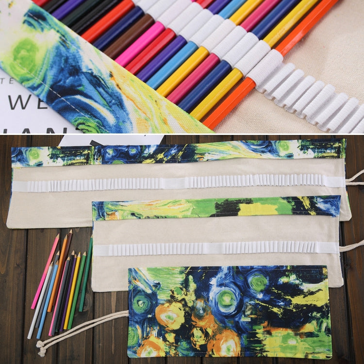 ELECTROPRIME 72 Slots Van Gogh Oil Painting Print Pen Bag Canvas Pencil Wrap Curtain Roll Up Pencil Case Stationery Pouch
