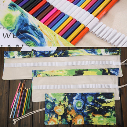 ELECTROPRIME 72 Slots Van Gogh Oil Painting Print Pen Bag Canvas Pencil Wrap Curtain Roll Up Pencil Case Stationery Pouch