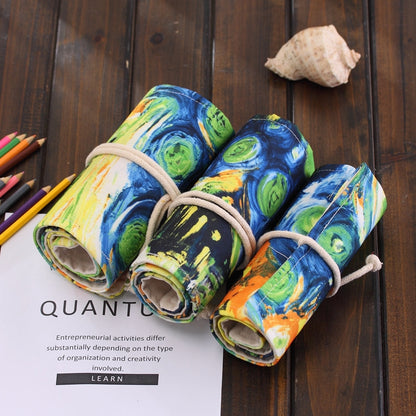 ELECTROPRIME 72 Slots Van Gogh Oil Painting Print Pen Bag Canvas Pencil Wrap Curtain Roll Up Pencil Case Stationery Pouch