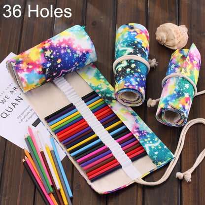 ELECTROPRIME 36 Slots Starry Sky Print Pen Bag Canvas Pencil Wrap Curtain Roll Up Pencil Case Stationery Pouch