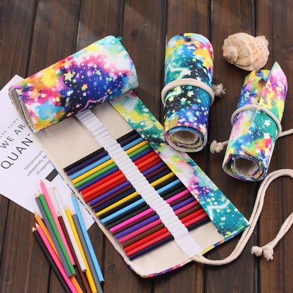 ELECTROPRIME 36 Slots Starry Sky Print Pen Bag Canvas Pencil Wrap Curtain Roll Up Pencil Case Stationery Pouch