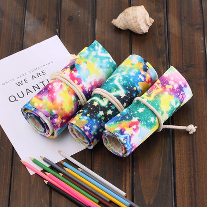 ELECTROPRIME 36 Slots Starry Sky Print Pen Bag Canvas Pencil Wrap Curtain Roll Up Pencil Case Stationery Pouch