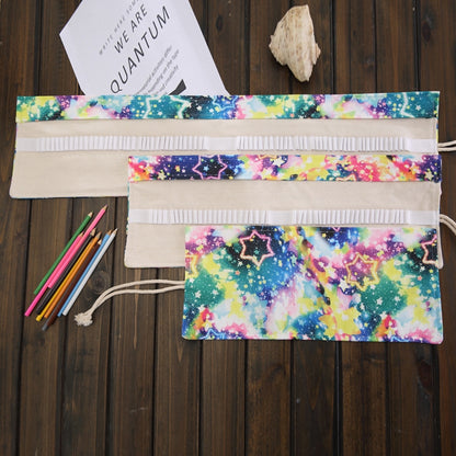 ELECTROPRIME 48 Slots Starry Sky Print Pen Bag Canvas Pencil Wrap Curtain Roll Up Pencil Case Stationery Pouch