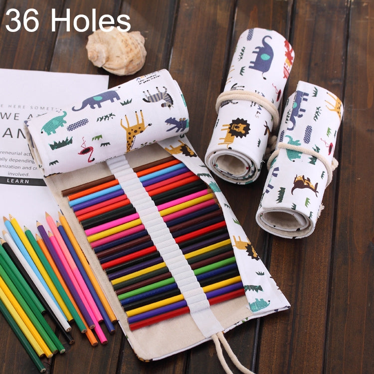 ELECTROPRIME 36 Slots Cartoon Animal Print Pen Bag Canvas Pencil Wrap Curtain Roll Up Pencil Case Stationery Pouch