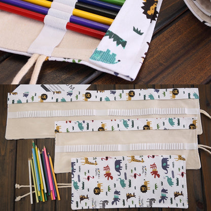 ELECTROPRIME 36 Slots Cartoon Animal Print Pen Bag Canvas Pencil Wrap Curtain Roll Up Pencil Case Stationery Pouch