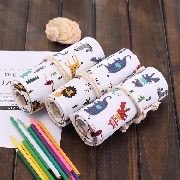 ELECTROPRIME 36 Slots Cartoon Animal Print Pen Bag Canvas Pencil Wrap Curtain Roll Up Pencil Case Stationery Pouch