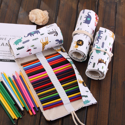 ELECTROPRIME 72 Slots Cartoon Animal Print Pen Bag Canvas Pencil Wrap Curtain Roll Up Pencil Case Stationery Pouch