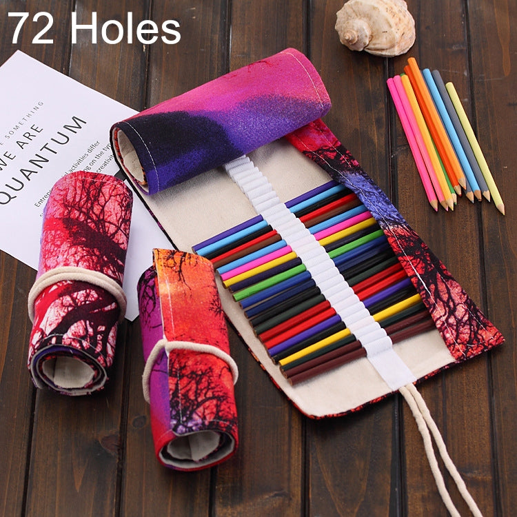 ELECTROPRIME 72 Slots Sunset Tree Print Pen Bag Canvas Pencil Wrap Curtain Roll Up Pencil Case Stationery Pouch