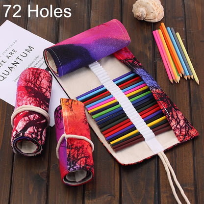 ELECTROPRIME 72 Slots Sunset Tree Print Pen Bag Canvas Pencil Wrap Curtain Roll Up Pencil Case Stationery Pouch