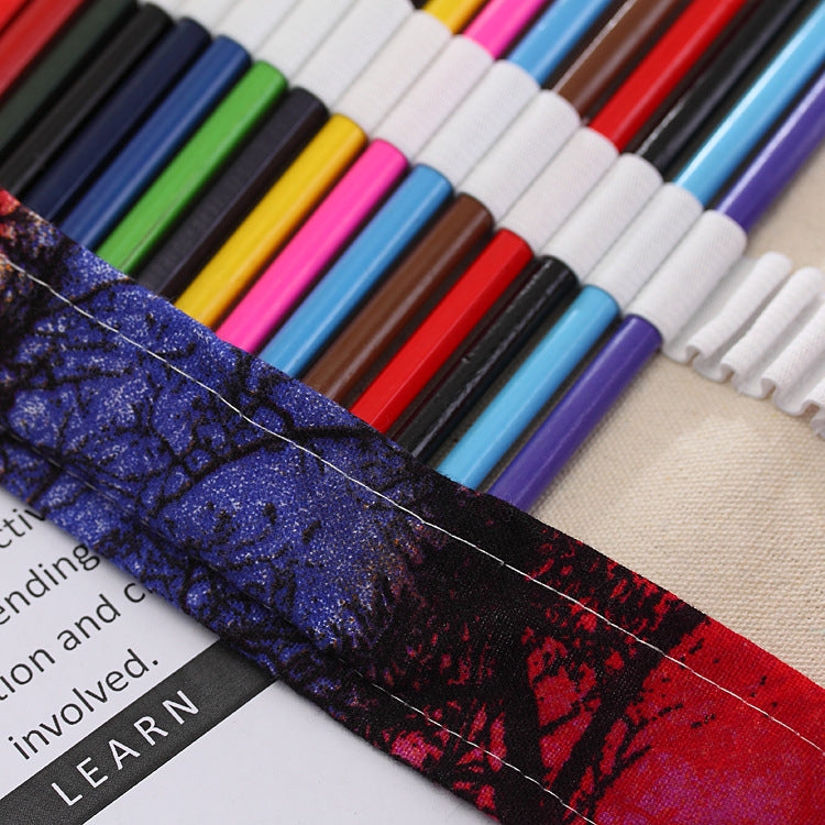 ELECTROPRIME 72 Slots Sunset Tree Print Pen Bag Canvas Pencil Wrap Curtain Roll Up Pencil Case Stationery Pouch