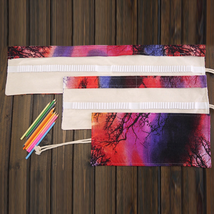 ELECTROPRIME 72 Slots Sunset Tree Print Pen Bag Canvas Pencil Wrap Curtain Roll Up Pencil Case Stationery Pouch