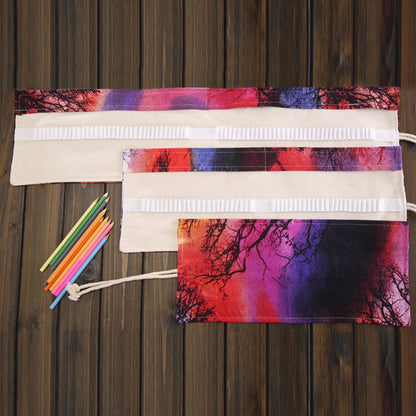 ELECTROPRIME 72 Slots Sunset Tree Print Pen Bag Canvas Pencil Wrap Curtain Roll Up Pencil Case Stationery Pouch