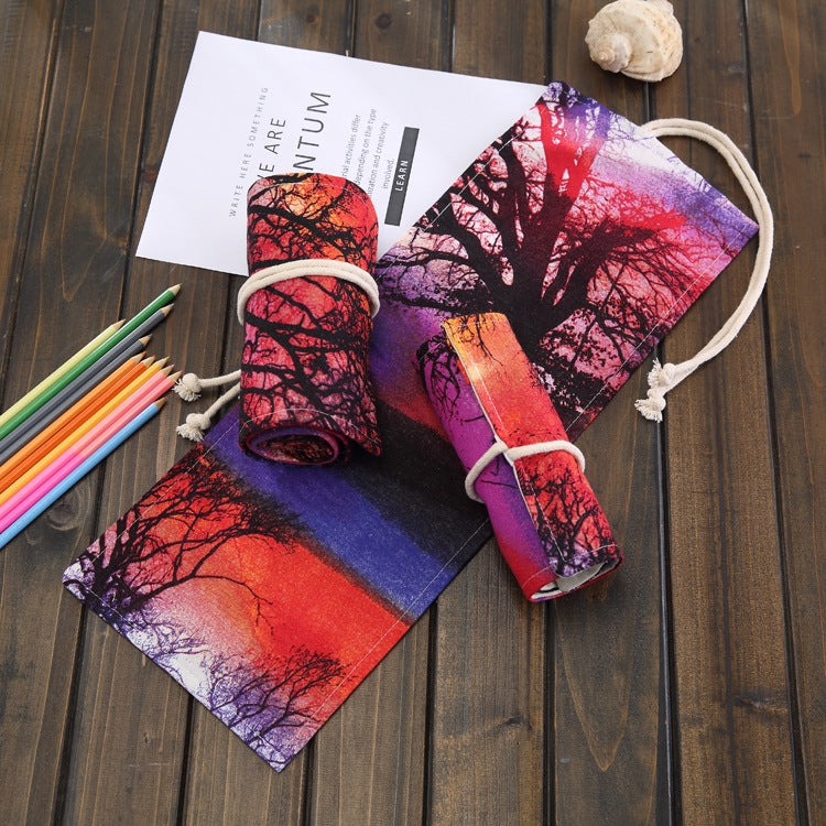 ELECTROPRIME 72 Slots Sunset Tree Print Pen Bag Canvas Pencil Wrap Curtain Roll Up Pencil Case Stationery Pouch