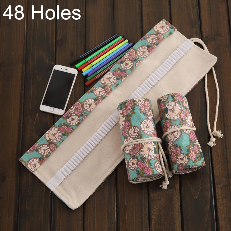 ELECTROPRIME 48 Slots Rose Clock Print Pen Bag Canvas Pencil Wrap Curtain Roll Up Pencil Case Stationery Pouch