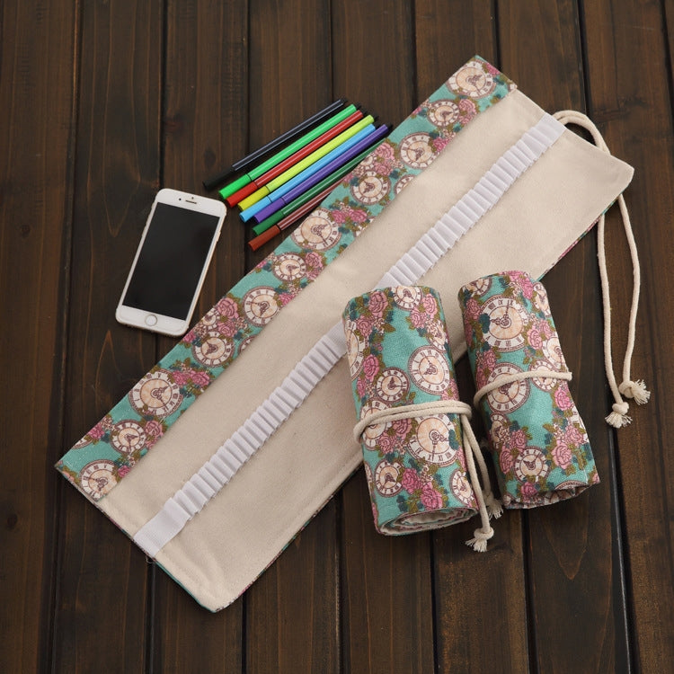 ELECTROPRIME 48 Slots Rose Clock Print Pen Bag Canvas Pencil Wrap Curtain Roll Up Pencil Case Stationery Pouch
