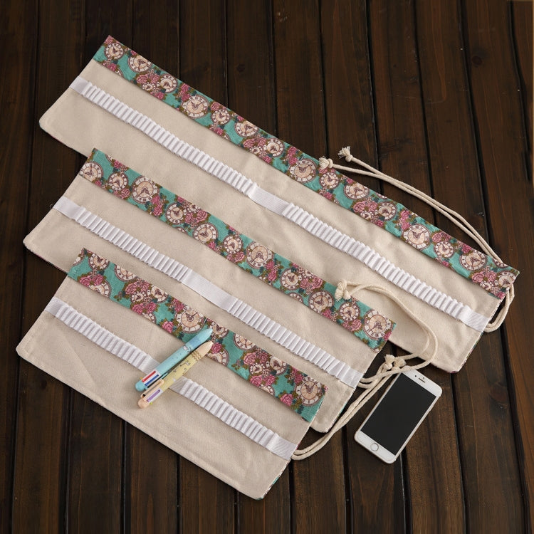 ELECTROPRIME 48 Slots Rose Clock Print Pen Bag Canvas Pencil Wrap Curtain Roll Up Pencil Case Stationery Pouch