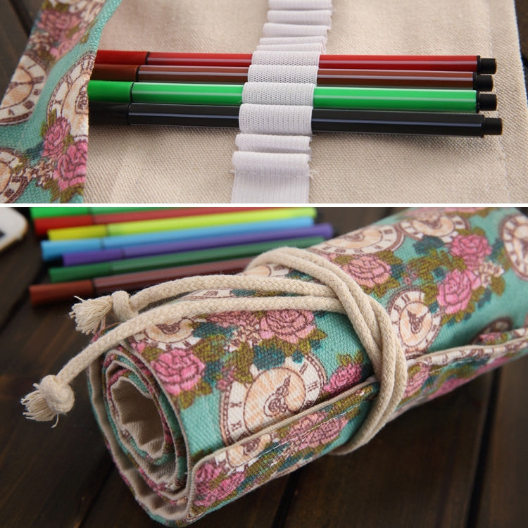 ELECTROPRIME 48 Slots Rose Clock Print Pen Bag Canvas Pencil Wrap Curtain Roll Up Pencil Case Stationery Pouch