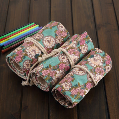 ELECTROPRIME 48 Slots Rose Clock Print Pen Bag Canvas Pencil Wrap Curtain Roll Up Pencil Case Stationery Pouch
