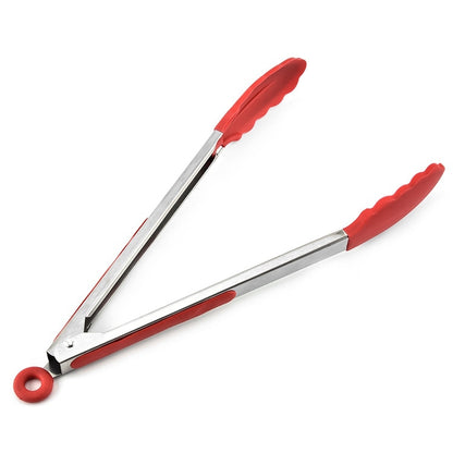 ELECTROPRIME 9 inch Silicone Non-slip Food Bread Barbecue BBQ Clip Tongs Kitchen Tools(Red)