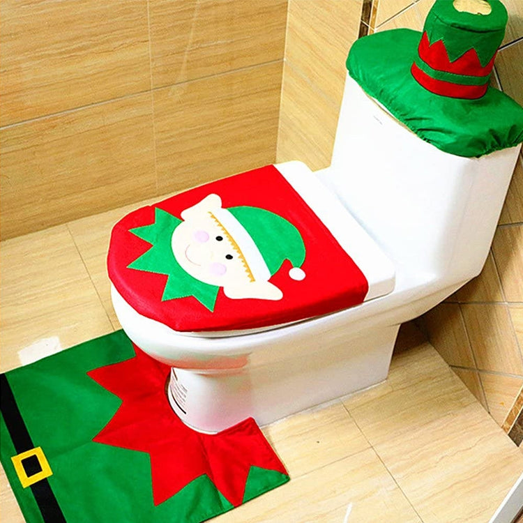 ELECTROPRIME Fancy Christmas Decoration Happy Santa Elf Toilet Seat Cover Rug Bathroom Set