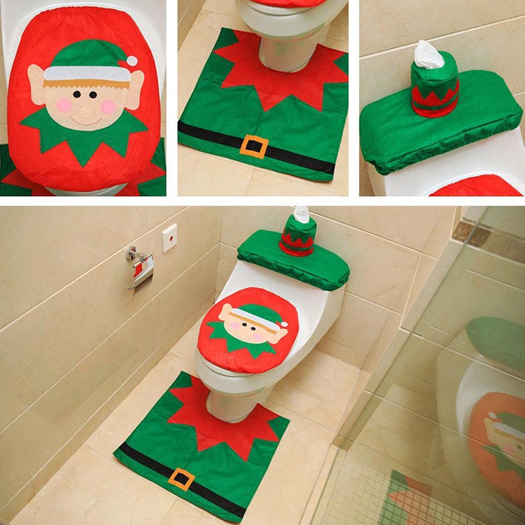 ELECTROPRIME Fancy Christmas Decoration Happy Santa Elf Toilet Seat Cover Rug Bathroom Set