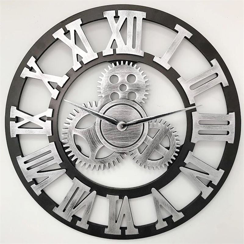 ELECTROPRIME Retro Wooden Round Single-sided Gear Clock Rome Number Wall Clock, Diameter: 35cm(Silver)