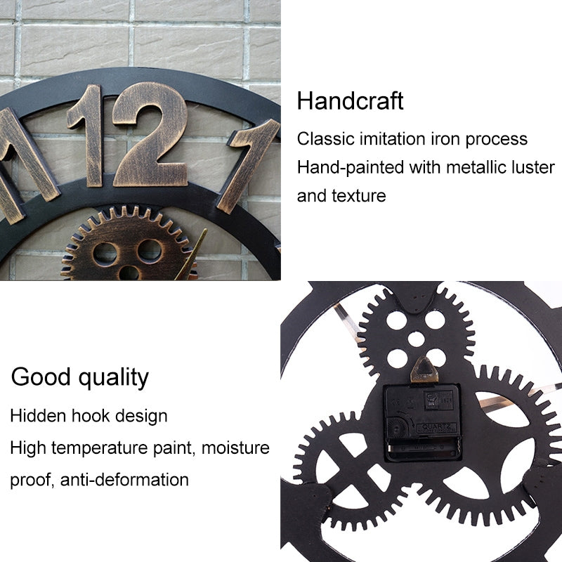 ELECTROPRIME Retro Wooden Round Single-sided Gear Clock Rome Number Wall Clock, Diameter: 35cm(Silver)