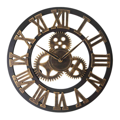 ELECTROPRIME Retro Wooden Round Single-sided Gear Clock Rome Number Wall Clock, Diameter: 40cm (Gold)