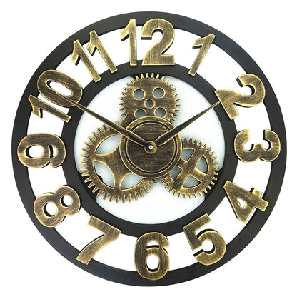 ELECTROPRIME Retro Wooden Round Single-sided Gear Clock Number Wall Clock, Diameter: 45cm (Gold)
