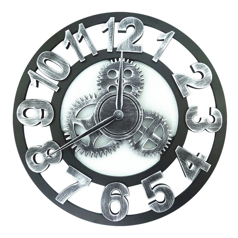 ELECTROPRIME Retro Wooden Round Single-sided Gear Clock Number Wall Clock, Diameter: 45cm (Silver)