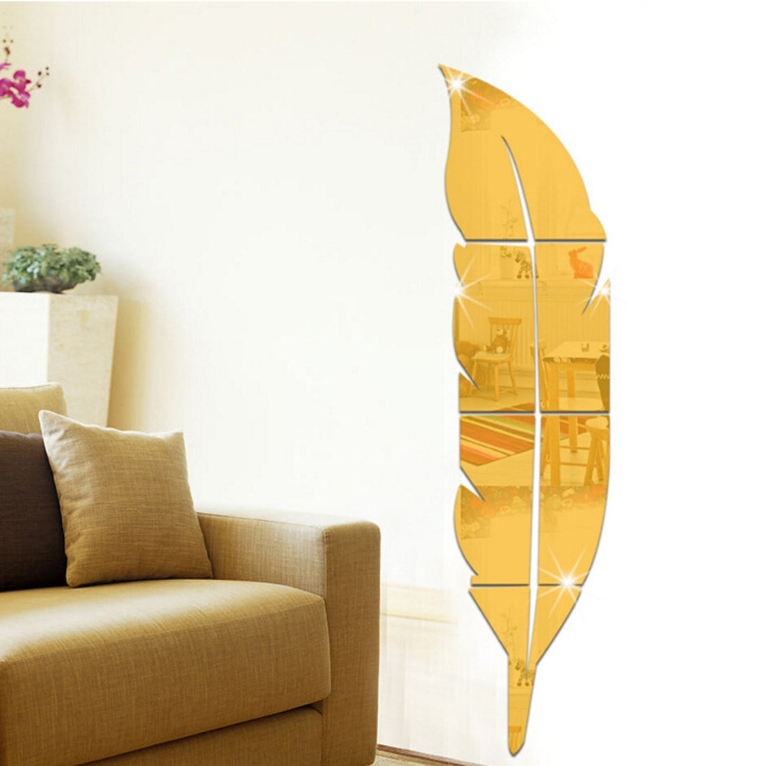 ELECTROPRIME DIY Feather Style Acrylic Mirror Wall Stickers Home Room Mural Decoration Art Wall Sticker, Size: 18*73cm(Gold)