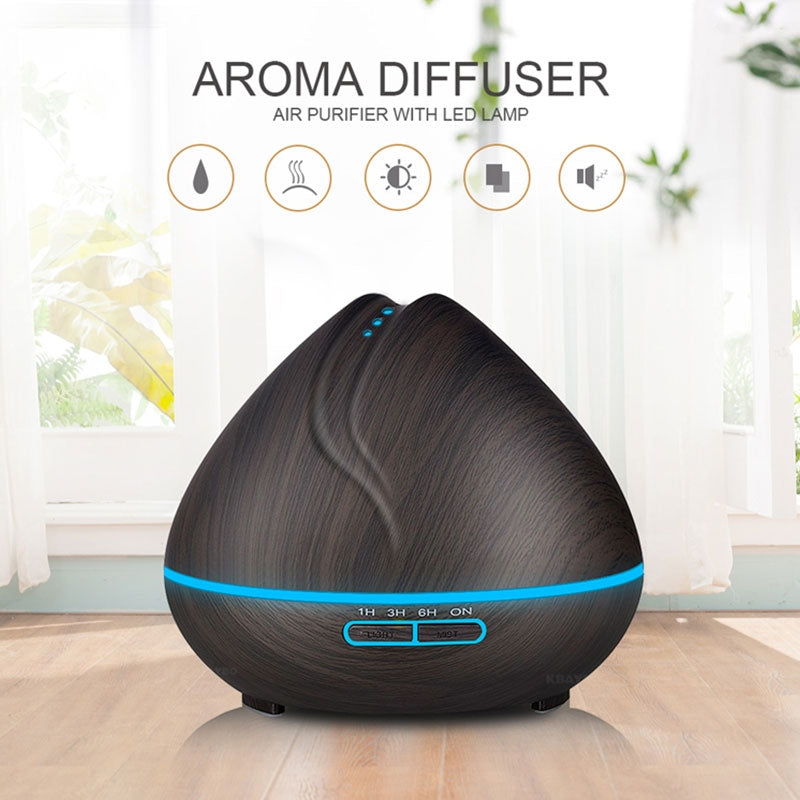 ELECTROPRIME Peach Shape Wood Grain Remote Control Ultrasonic Humidifier Aromatherapy Machine Automatic Alcohol Sprayer with LED Lights, Capacity: 400mL, EU Plug (Dark Wood Color)