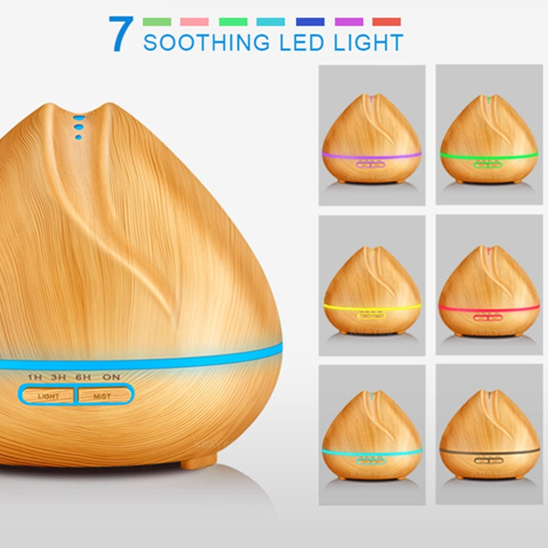 ELECTROPRIME Peach Shape Wood Grain Remote Control Ultrasonic Humidifier Aromatherapy Machine Automatic Alcohol Sprayer with LED Lights, Capacity: 400mL, EU Plug (Light Wood Color)