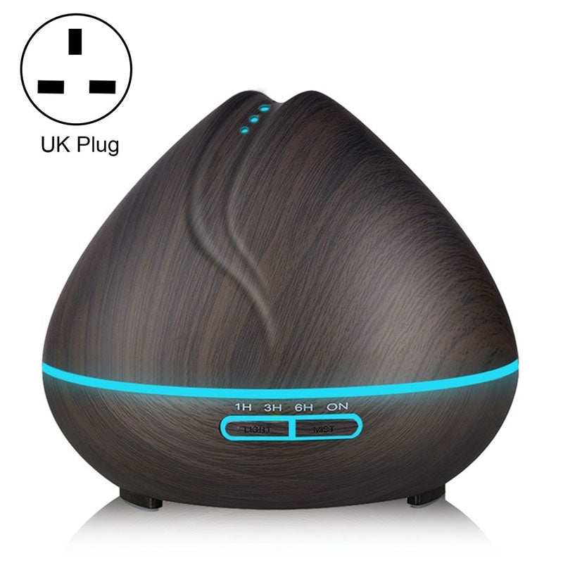 ELECTROPRIME Peach Shape Wood Grain Remote Control Ultrasonic Humidifier Aromatherapy Machine Automatic Alcohol Sprayer with LED Lights, Capacity: 400mL, UK Plug (Dark Wood Color)