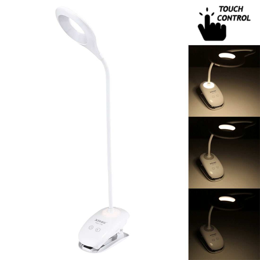 ELECTROPRIME TGX-770 3-grade Brightness Touch Dimmer LED Desk Lamp, 28 LEDs Flexible Goose Neck Hollow Ring Design Eye Protection Light with Clip & Small Night Light Function