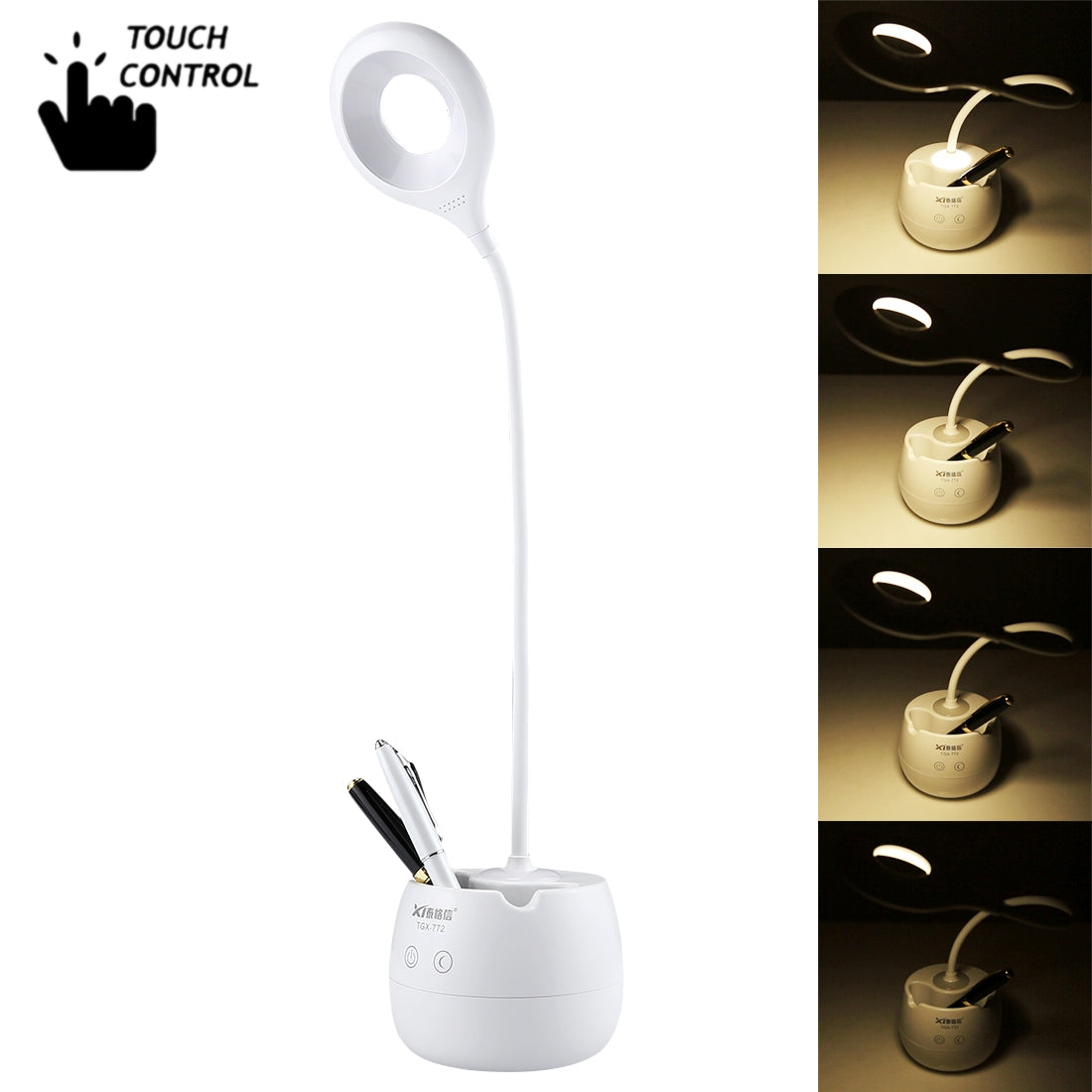 ELECTROPRIME TGX-772 3-grade Brightness Touch Dimmer LED Desk Lamp, 28 LEDs Flexible Goose Neck Hollow Ring Design Eye Protection Light with Pen Holder / Small Night Light Function