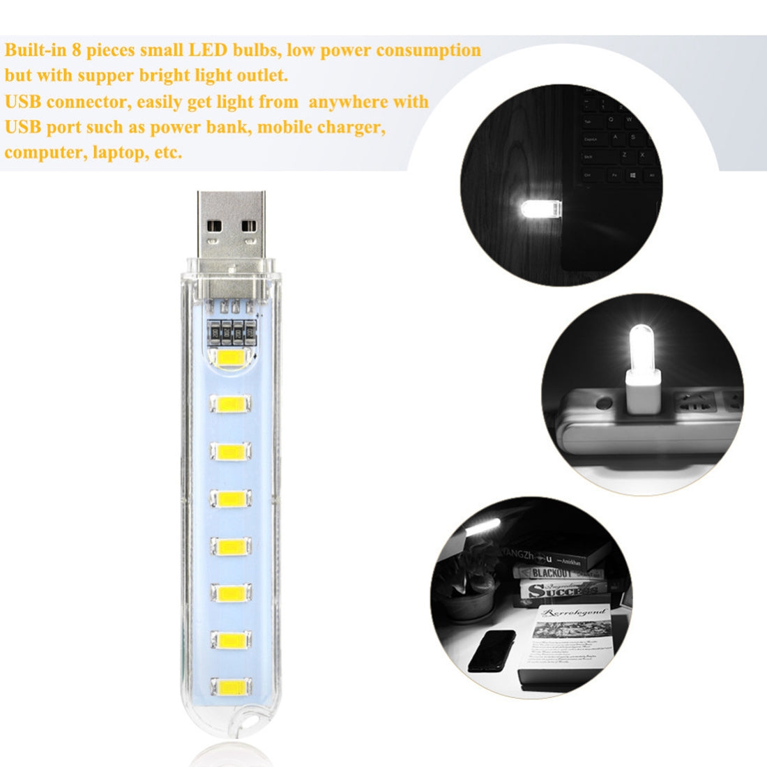 ELECTROPRIME 3W 8 LEDs 5730 SMD USB LED Book Light Portable Night Lamp, DC 5V (White Light)