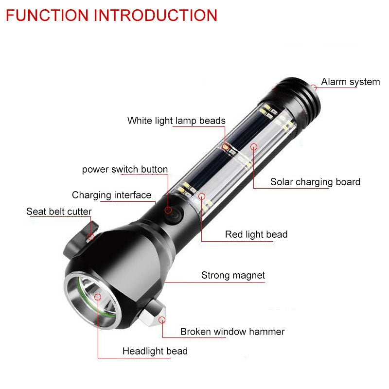 ELECTROPRIME Multi-functional Car Safety Hammer Solar Alarm Emergency Working Flashlight (Black)