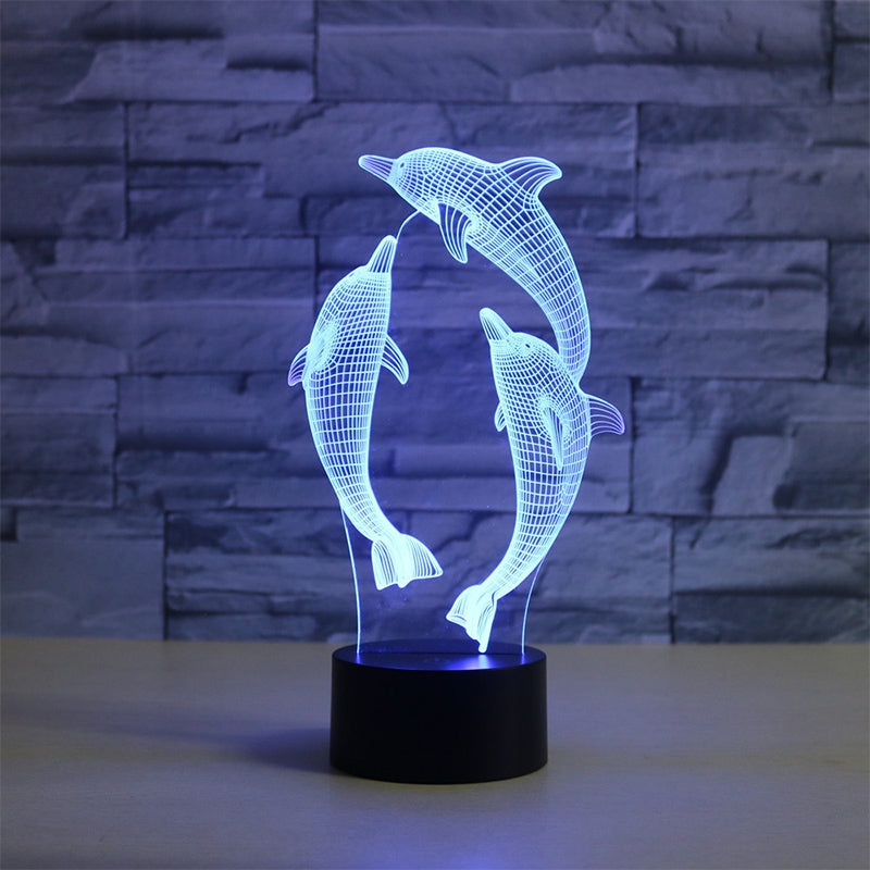 ELECTROPRIME Three Dolphins Shape 3D Colorful LED Vision Light Table Lamp, Crack Remote Control Version