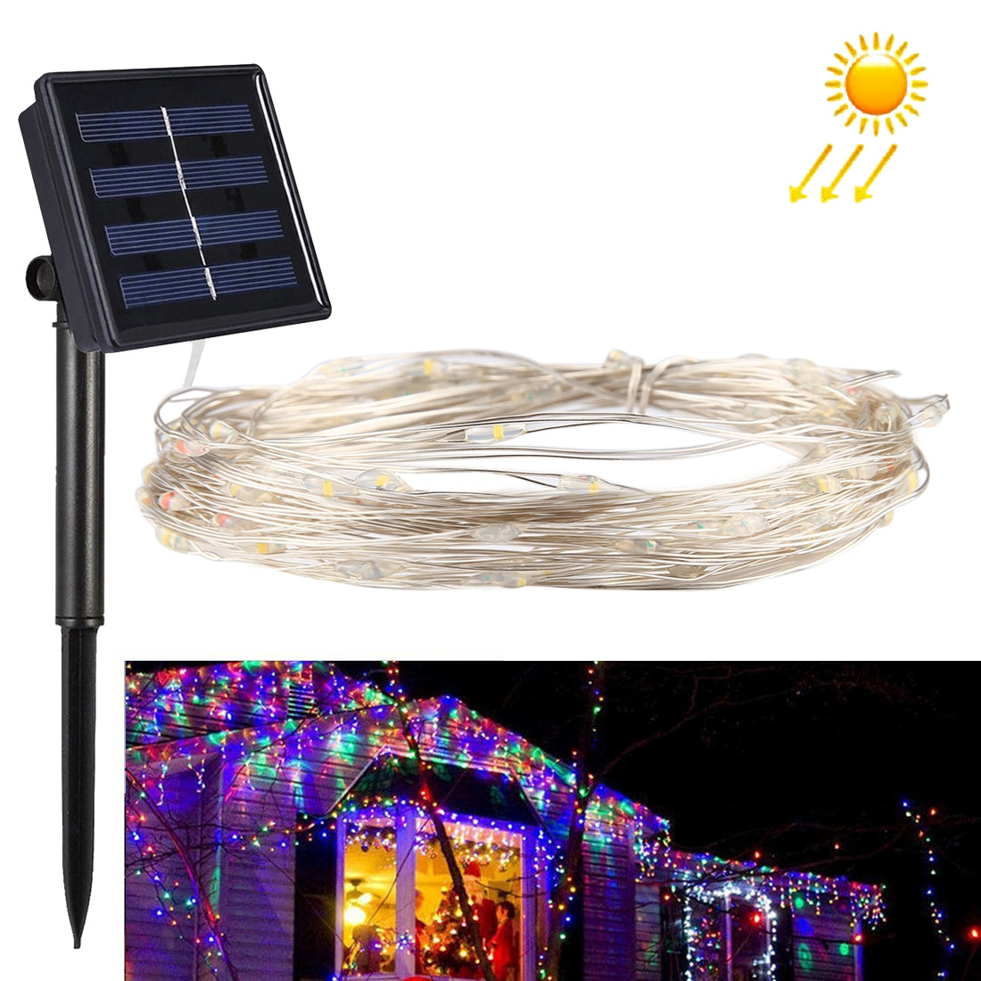 ELECTROPRIME 10m IP65 Waterproof Colorful Light Solar Panel Silver Wire String Light, 100 LEDs SMD 0603 Fairy Lamp Decorative Light