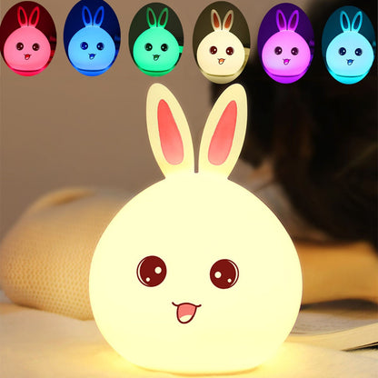 ELECTROPRIME Rabbit Shape Patted Silicone LED Night Light, Creative 7-color Discoloration USB Charging (Pink)