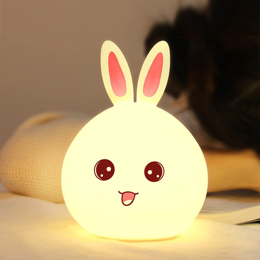 ELECTROPRIME Rabbit Shape Patted Silicone LED Night Light, Creative 7-color Discoloration USB Charging (Pink)