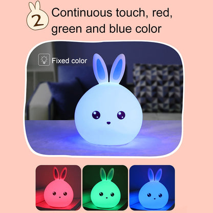 ELECTROPRIME Rabbit Shape Patted Silicone LED Night Light, Creative 7-color Discoloration USB Charging (Pink)