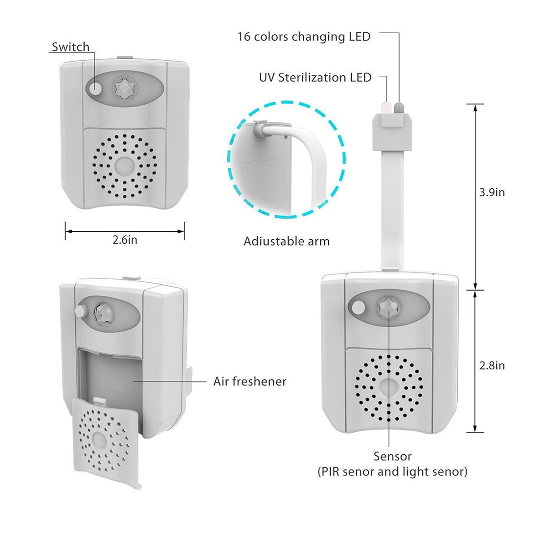 ELECTROPRIME 16-colors PIR Motion Sensor + Light Sensor UV Sterilization Aromatherapy LED Light, Home Toilet Bathroom Seat Night Light, DC 5V