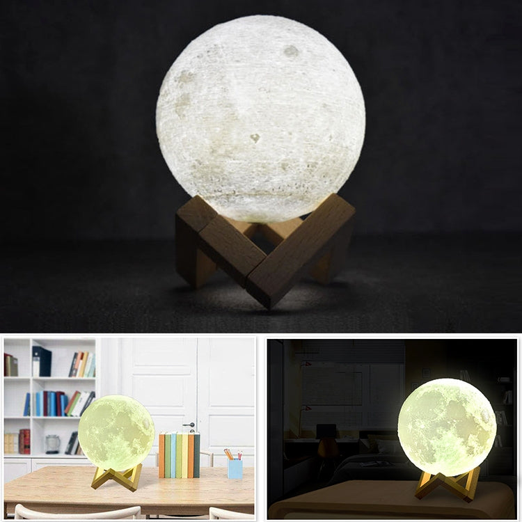 ELECTROPRIME 8cm Touch Control 3D Print Moon Lamp, USB Charging White + Yellow Light Color Changing LED Energy-saving Night Light with Wooden Holder Base