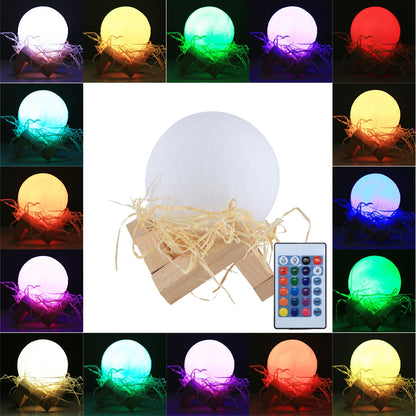 ELECTROPRIME 8cm Touch Control 3D Print Moon Lamp , USB Charging 16-color Changing LED Energy-saving Night Light with Wooden Holder Base & Remote Control