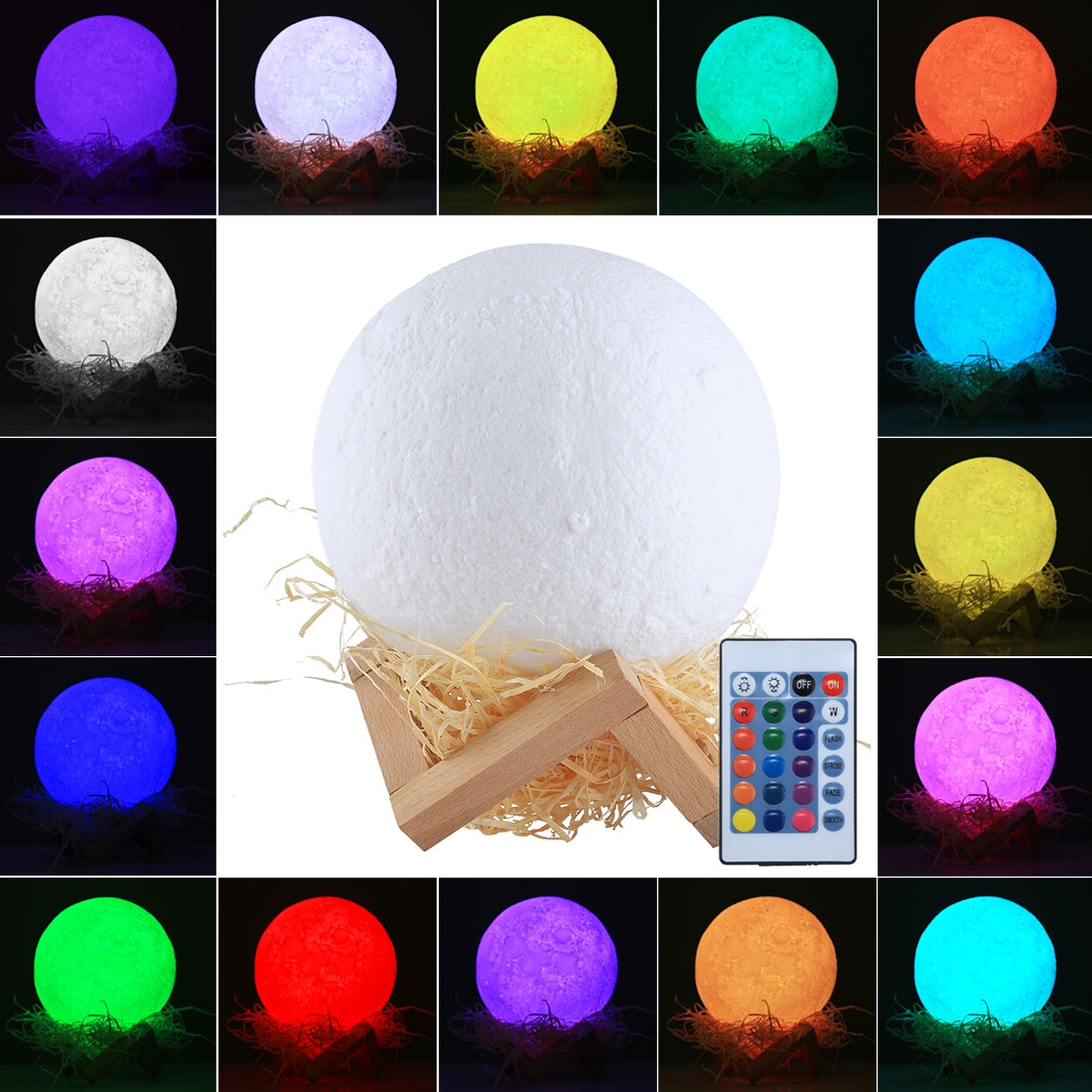 ELECTROPRIME 15cm Touch Control 3D Print Moon Lamp, USB Charging 16-color Changing LED Energy-saving Night Light with Wooden Holder Base & Remote Control