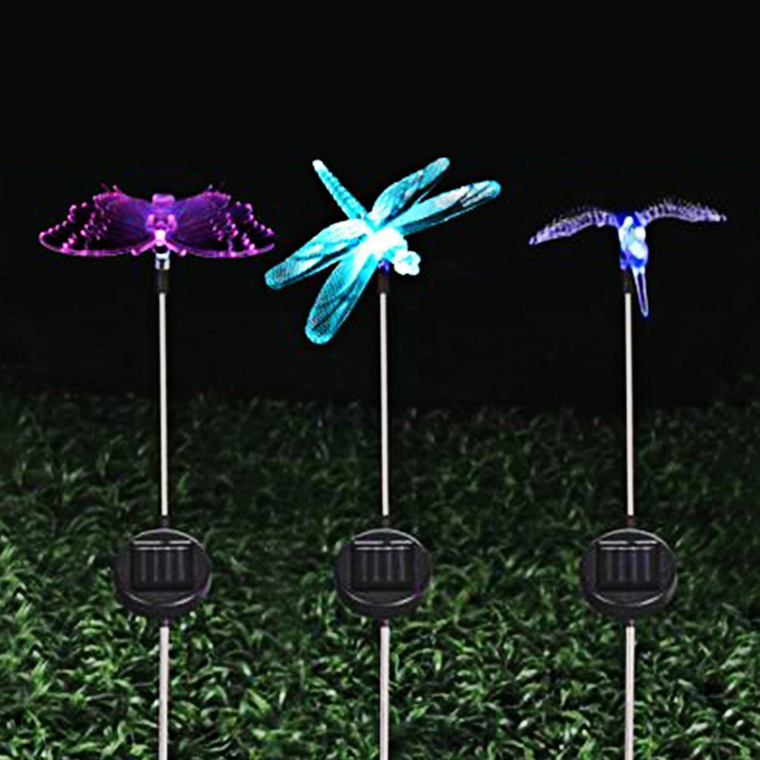 ELECTROPRIME A106 3 PCS Colorful Light LED Solar Power Lamp, Bird Dragonfly Butterfly Pattern Outdoor Garden Landscape Path Decorative Light
